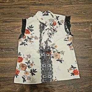 Sleeveless floral blouse Asian white with red flower black lace women's large